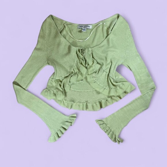 Urban Outfitters Green Y2K Ruffle Tie Front Cropped Top – Size Small - Picture 1 of 8